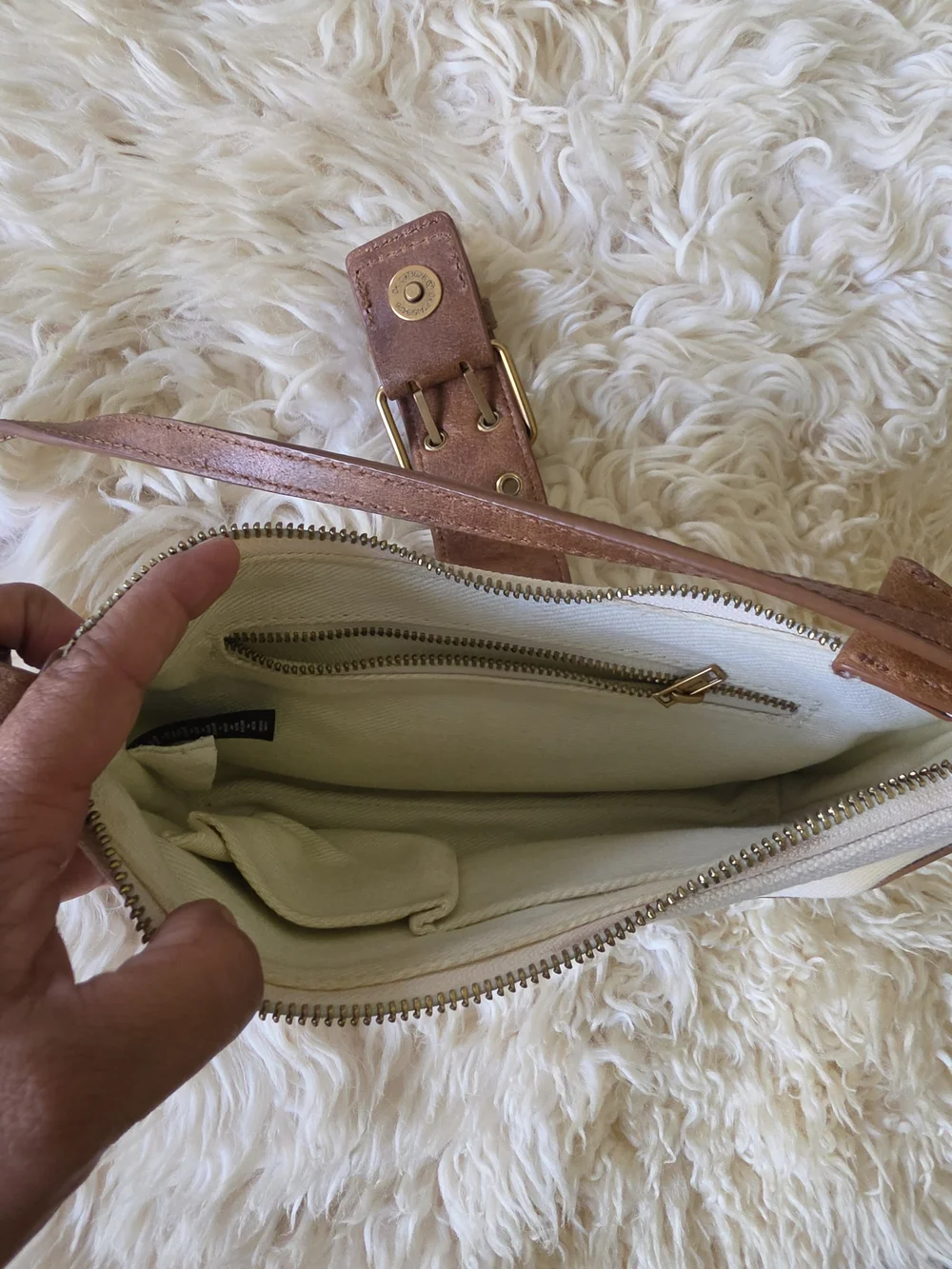 Brandy Melville Cream Canvas Shoulder Bag with Brown Leather Trim